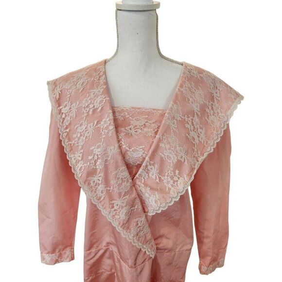 Vintage 80s Pretty In Pink Long Sleeve Maxi Lace Dress L Modest Prairie Bib - Picture 2 of 6